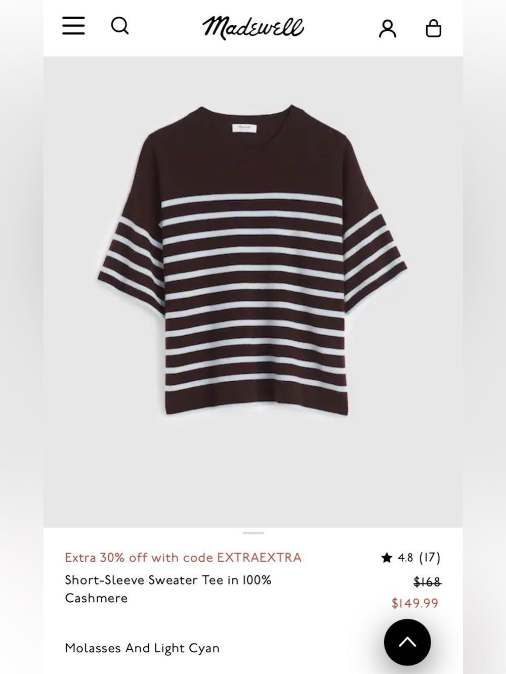 NWT Madewell 100% Cashmere Striped Short-Sleeve Sweater Tee - Brown & Light Blue